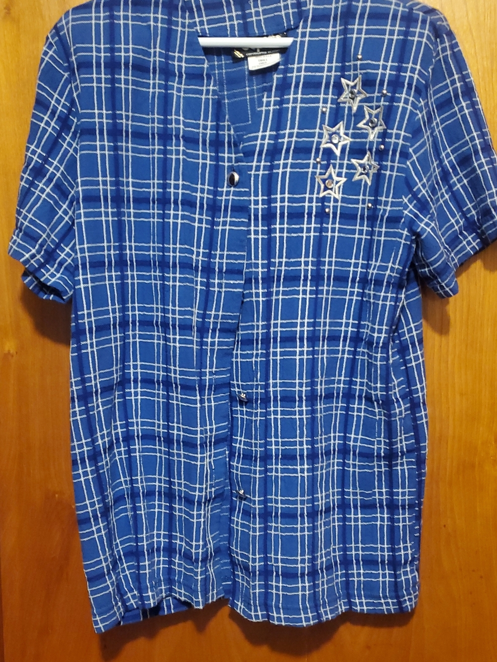 Blue Plaid Button-Front Short Sleeve Shirt with Star Detail